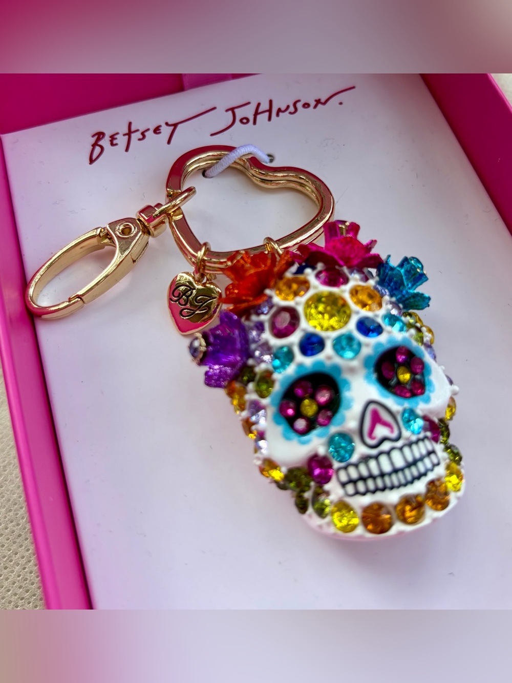 NIB BETSEY JOHNSON Multicolor Rhinestone Sugar Skull Keychain and/or Bag Charm - Picture 4 of 6